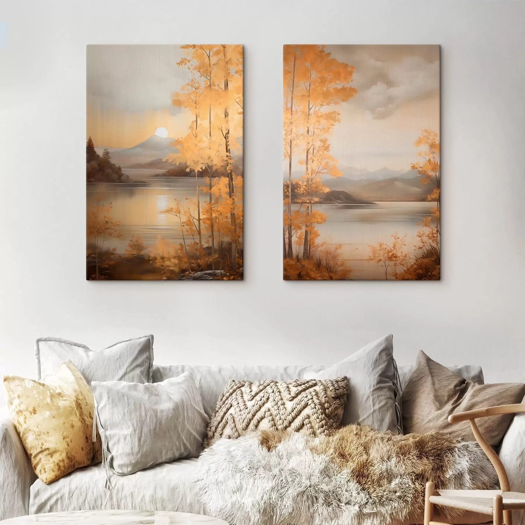  Schilderijen Herfstbomen met oranje bladeren omlijsten een rustig meer met bergen in de verte onder een bewolkte hemel. m01246