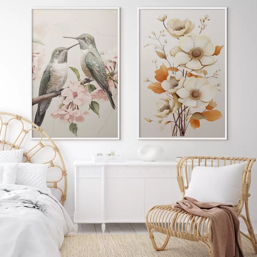 Fotobehang Bloemen en vogels op takken d00560