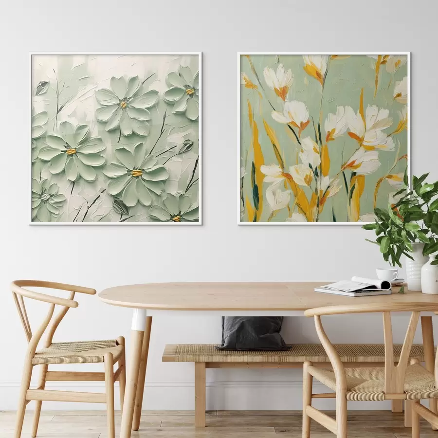 Fotobehang Bloemenweide: kunstcompositie met volumetrische bloemen op een pastelachtergrond d00567