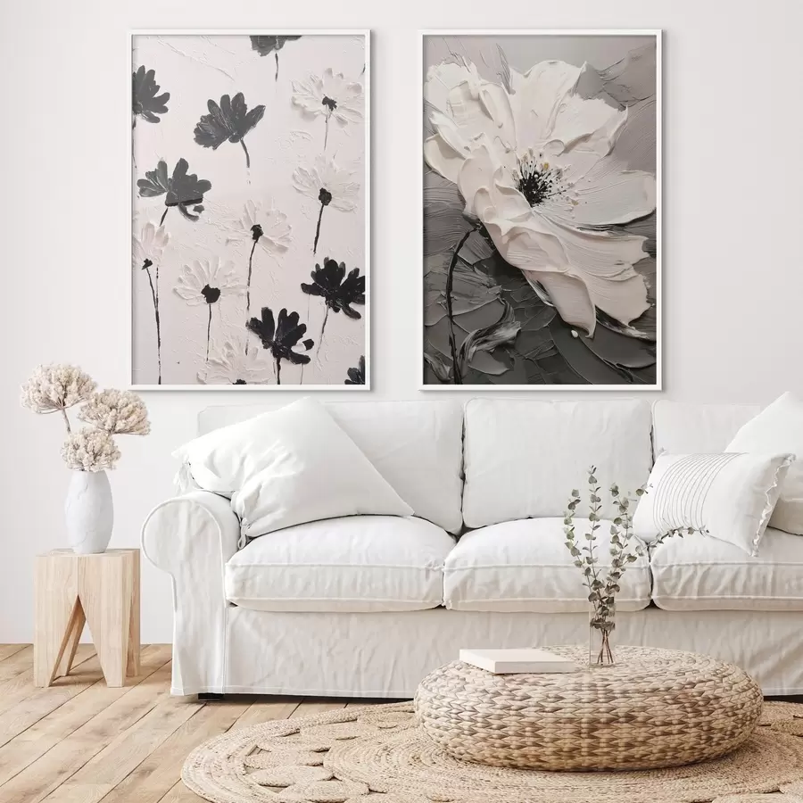 Fotobehang Tweeluik met witte en zwarte bloemen in een moderne stijl d00571
