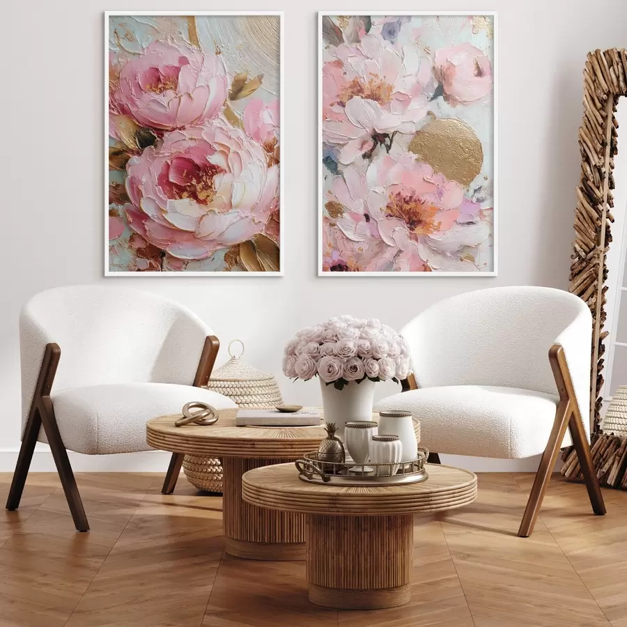 Fotobehang Volumetrisch impasto schilderij met roze pioenrozen en getextureerde details d00573