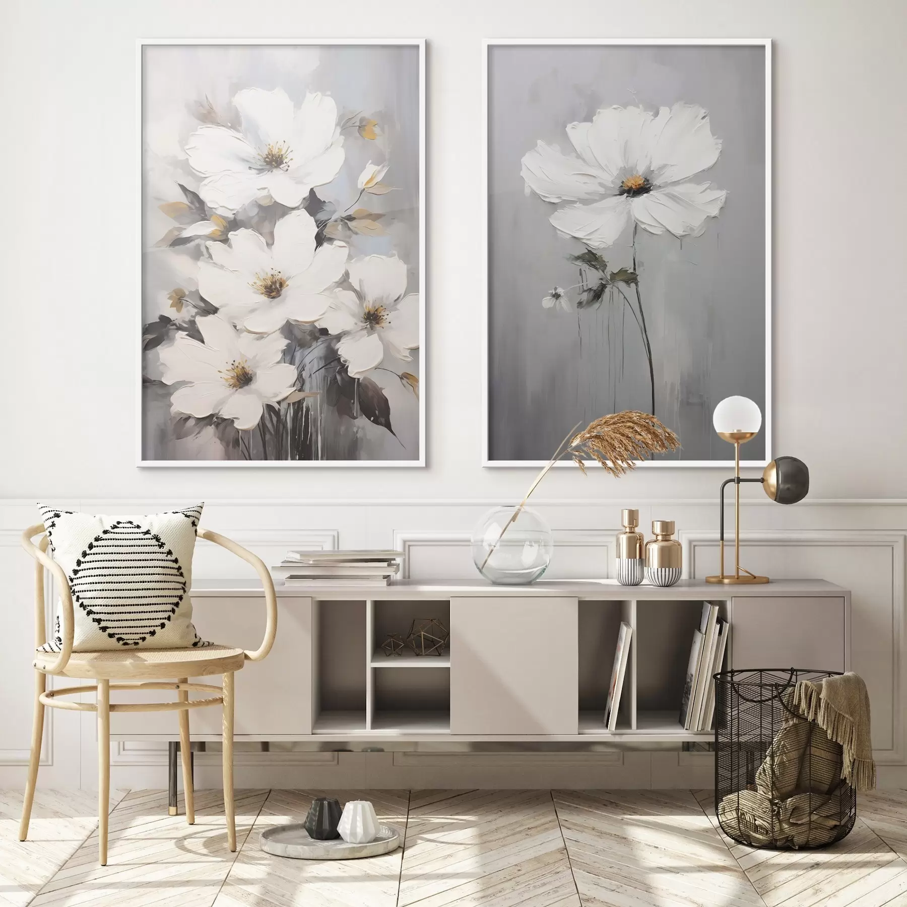 Fotobehang Artistieke compositie met witte bloemen en gestructureerd oppervlak in minimalistische stijl d00574