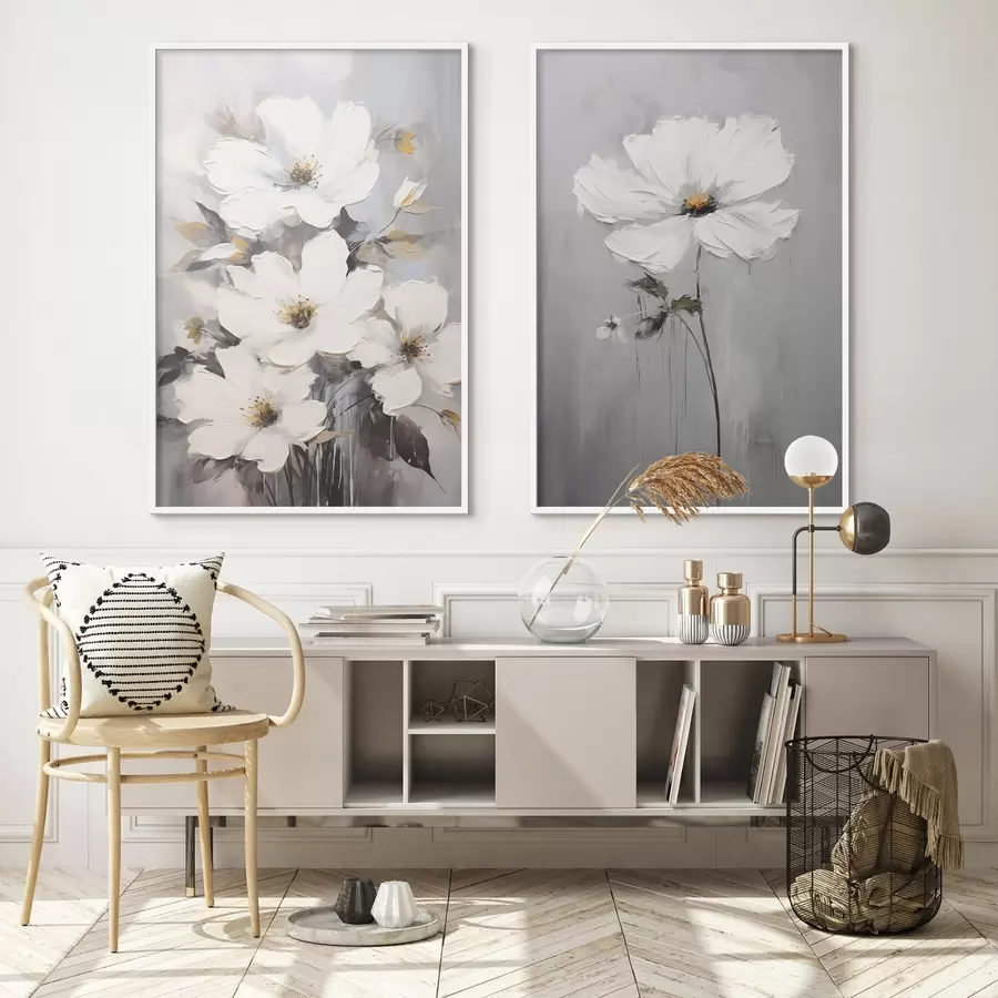 Fotobehang Artistieke compositie met witte bloemen en gestructureerd oppervlak in minimalistische stijl d00574