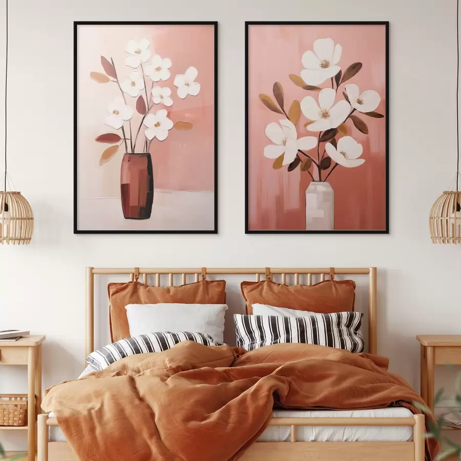 Fotobehang Compositie met contrasterende vazen en witte bloemen met structuur d00575