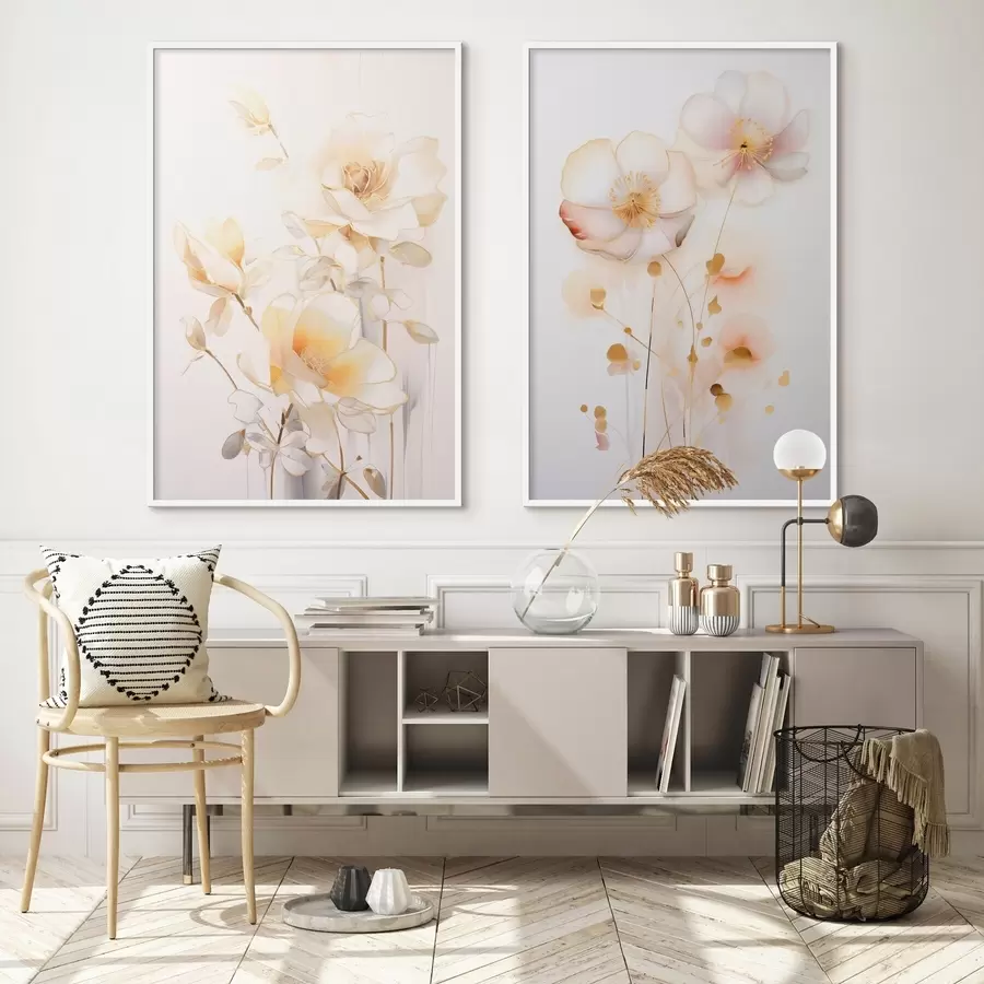 Fotobehang Bloemenduet: zacht tweeluik in aquarelstijl met elegante lijnen d00577