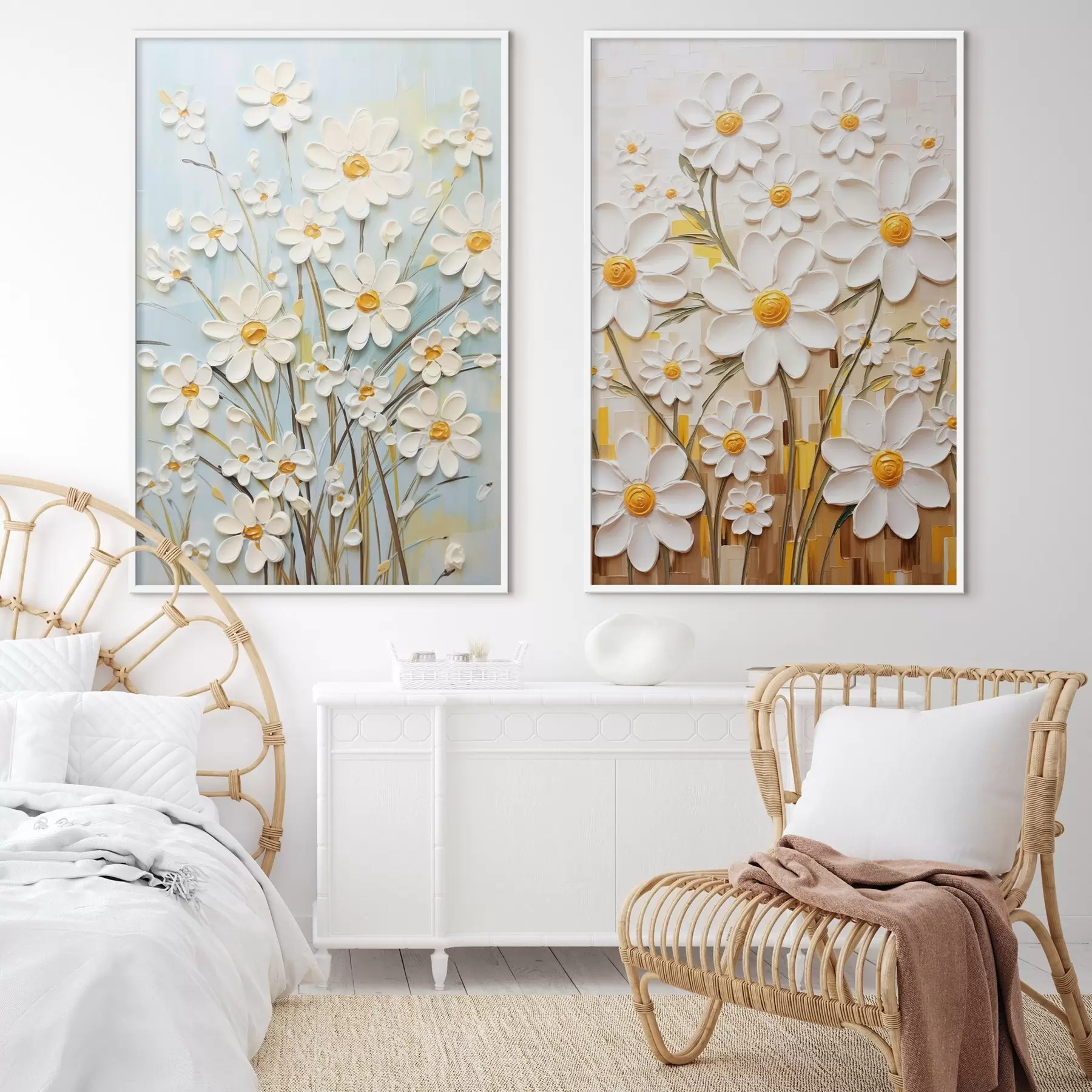 Fotobehang Zonnige bloemen: kunstduet met volumetrische margrieten en gele accenten d00580
