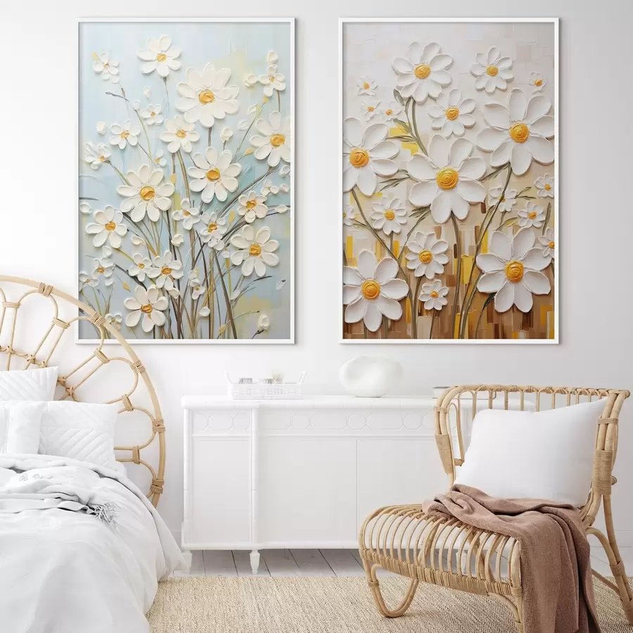 Fotobehang Zonnige bloemen: kunstduet met volumetrische margrieten en gele accenten d00580