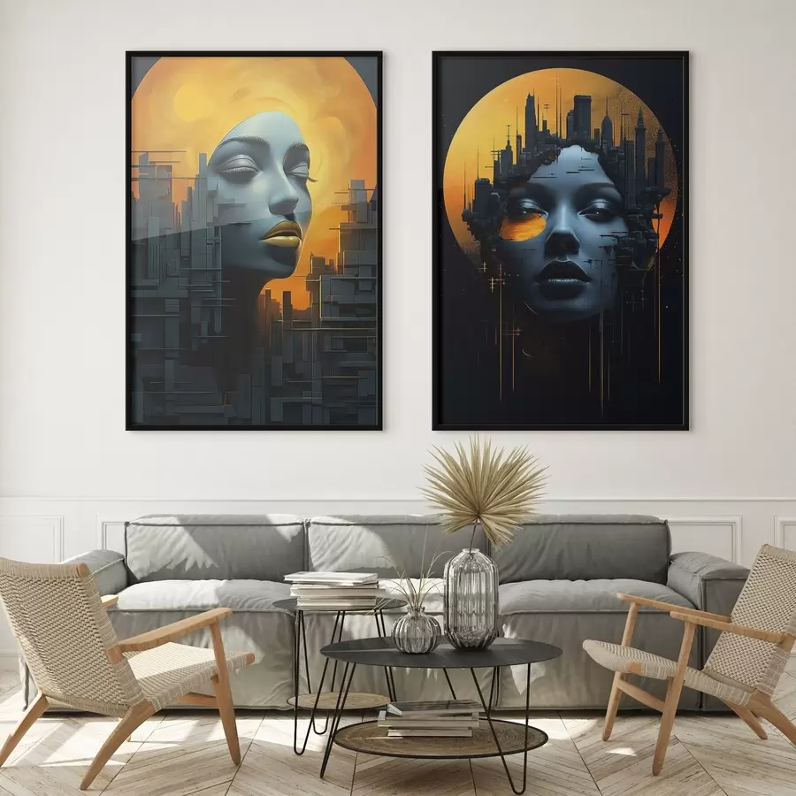 Fotobehang Portret van een meisje op een abstracte stadsachtergrond d00618