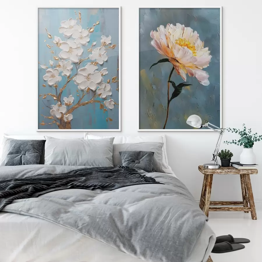 Fotobehang Bloeiende tak en pioenroos: compositie in reliëf d00637