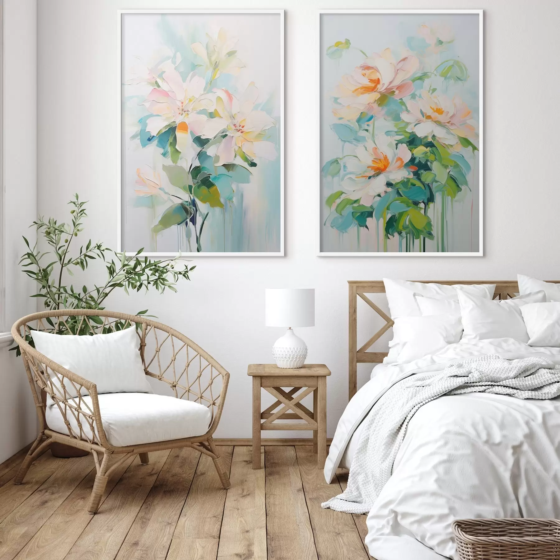 Fotobehang Witte en pastel perzik bloemen, groene bladeren, zachte penseelstreken olieverf imitatie, lichtblauwe achtergrond d00644