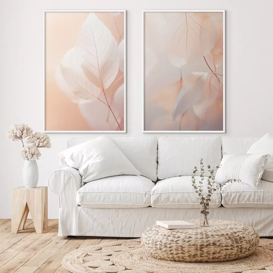 Fotobehang Close-up van doorschijnende bladeren met fijne nerven, zacht perzik en wit kleurenpalet, onscherpe achtergrond d00647