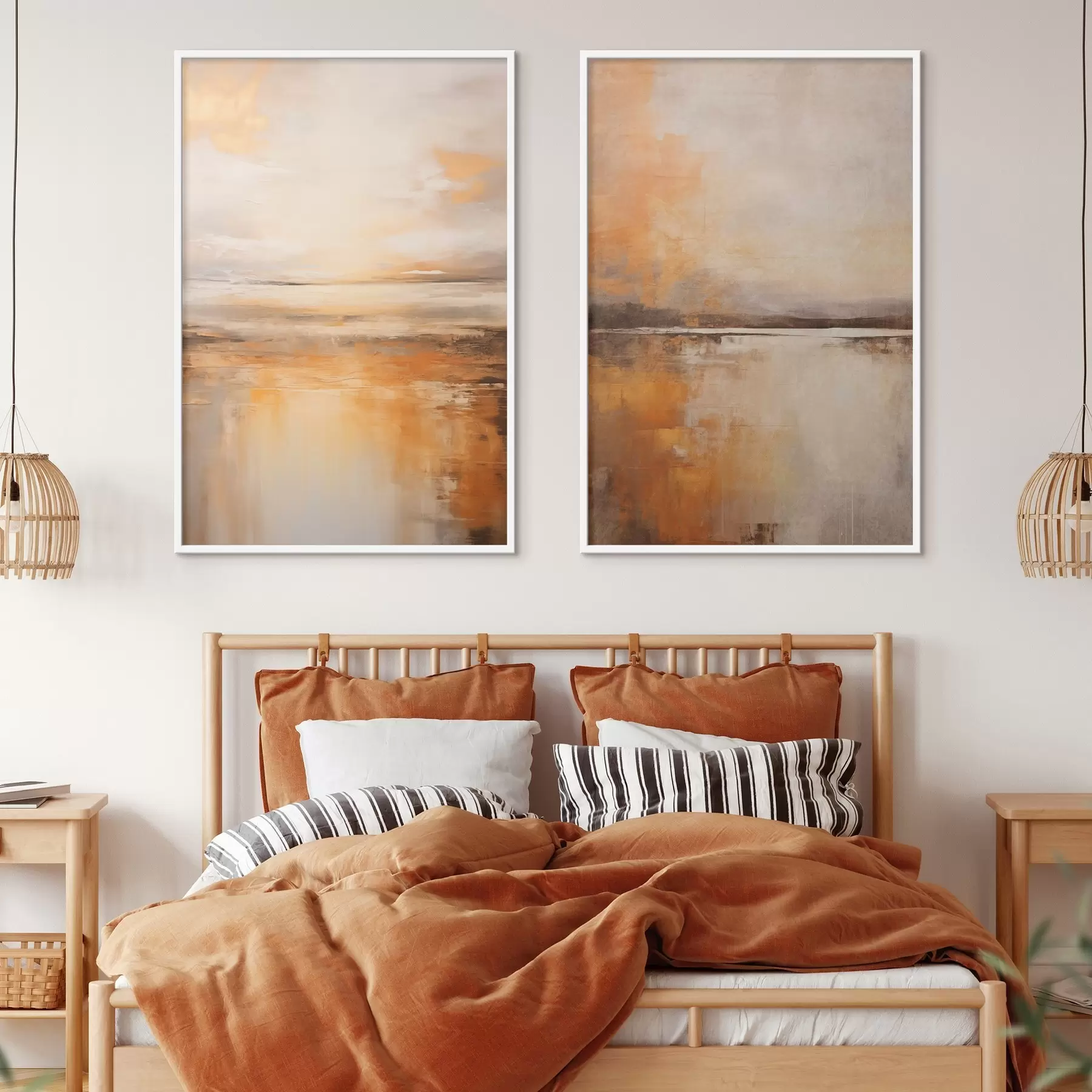 Fotobehang Een abstract schilderij van een strandlandschap met een kalme oceaan, oranje zand en een bewolkte lucht met zon d00653