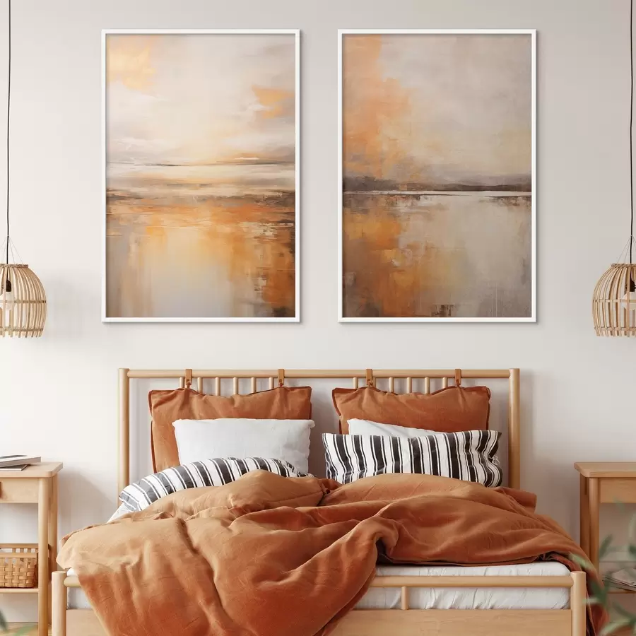 Fotobehang Een abstract schilderij van een strandlandschap met een kalme oceaan, oranje zand en een bewolkte lucht met zon d00653
