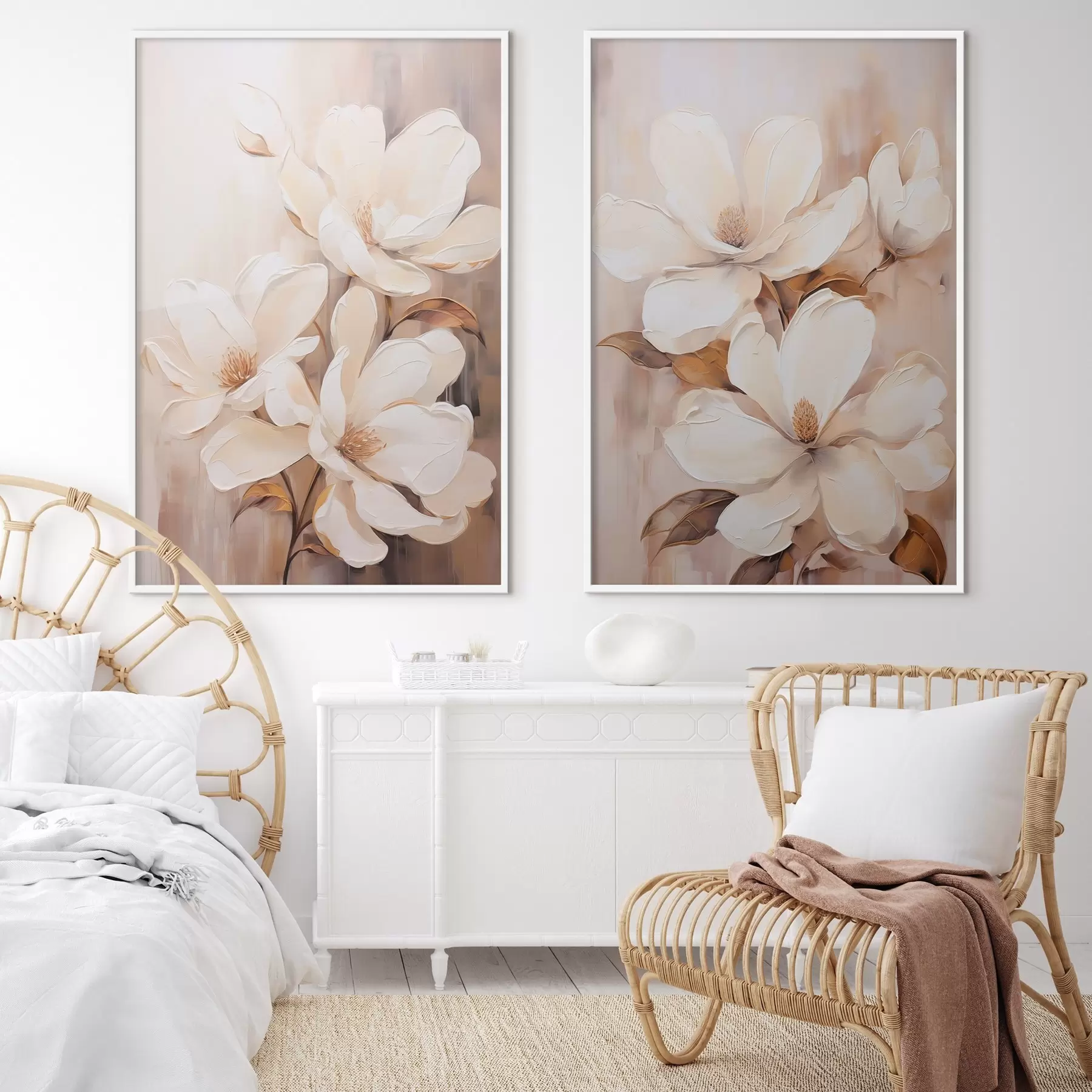 Fotobehang Witte magnoliabloemen tegen een zachte, onscherpe achtergrond van beige en bruine tinten, schilderstijl d00655
