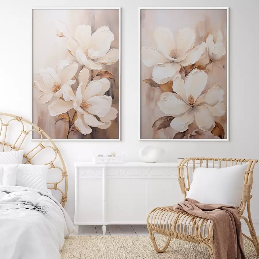 Fotobehang Witte magnoliabloemen tegen een zachte, onscherpe achtergrond van beige en bruine tinten, schilderstijl d00655