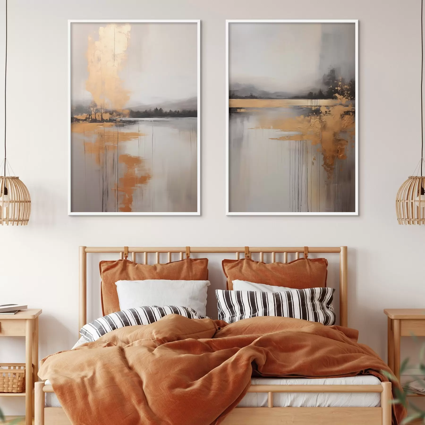 Fotobehang Een abstract landschap met een meer, boom en gele mist, het water weerspiegelt en bewolkte lucht d00657