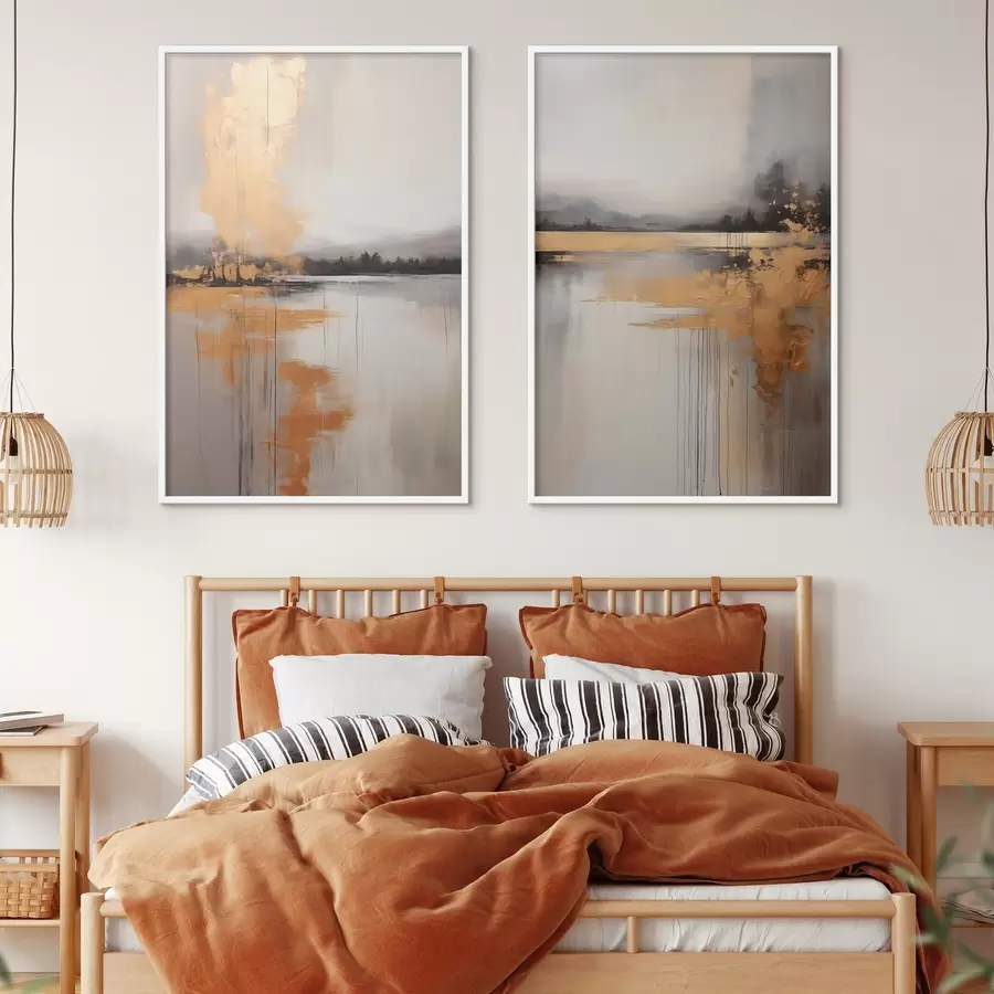 Fotobehang Een abstract landschap met een meer, boom en gele mist, het water weerspiegelt en bewolkte lucht d00657