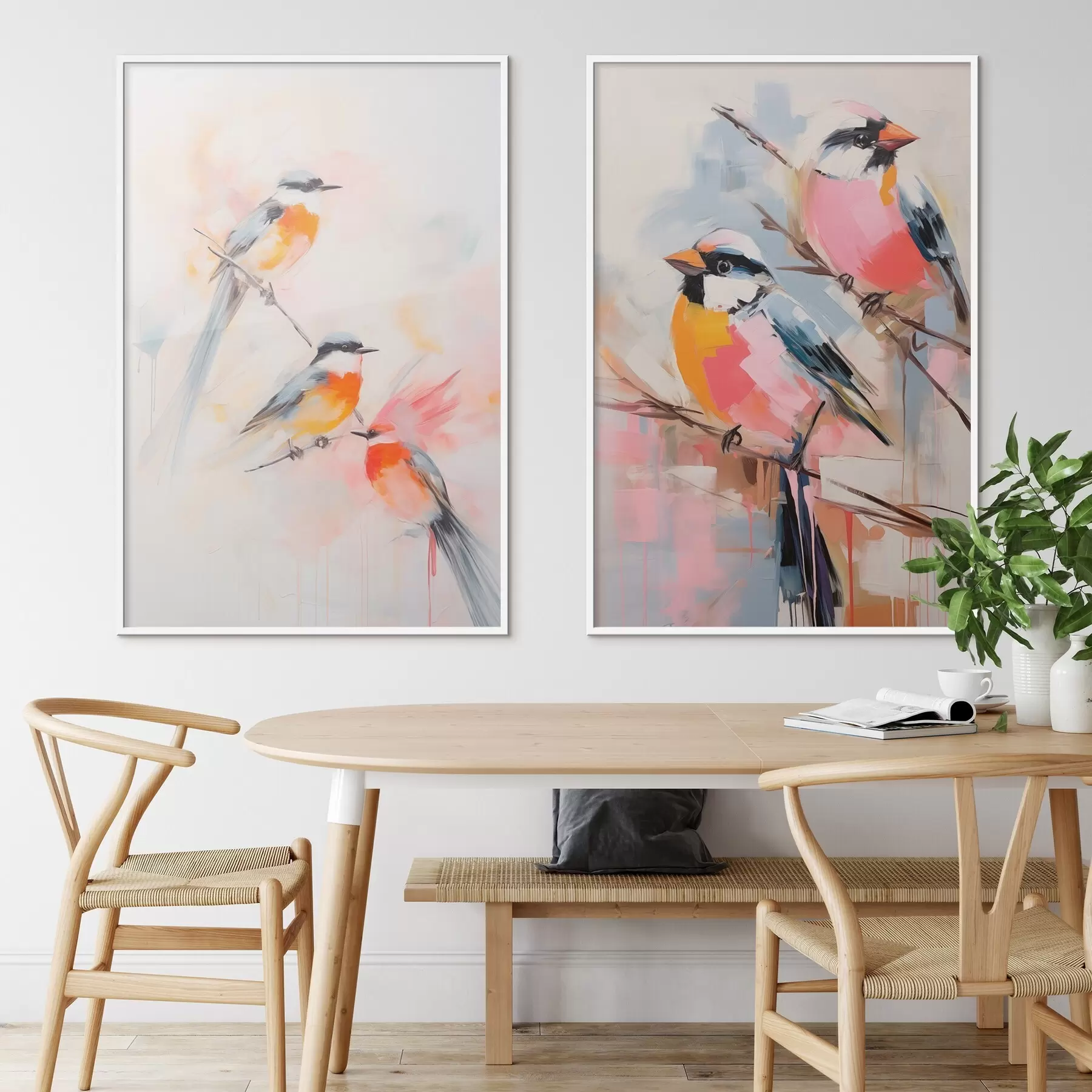 Fotobehang Vogels neergestreken op takken , zachte pastelkleuren, lichte achtergrond met roze en witte tinten d00658