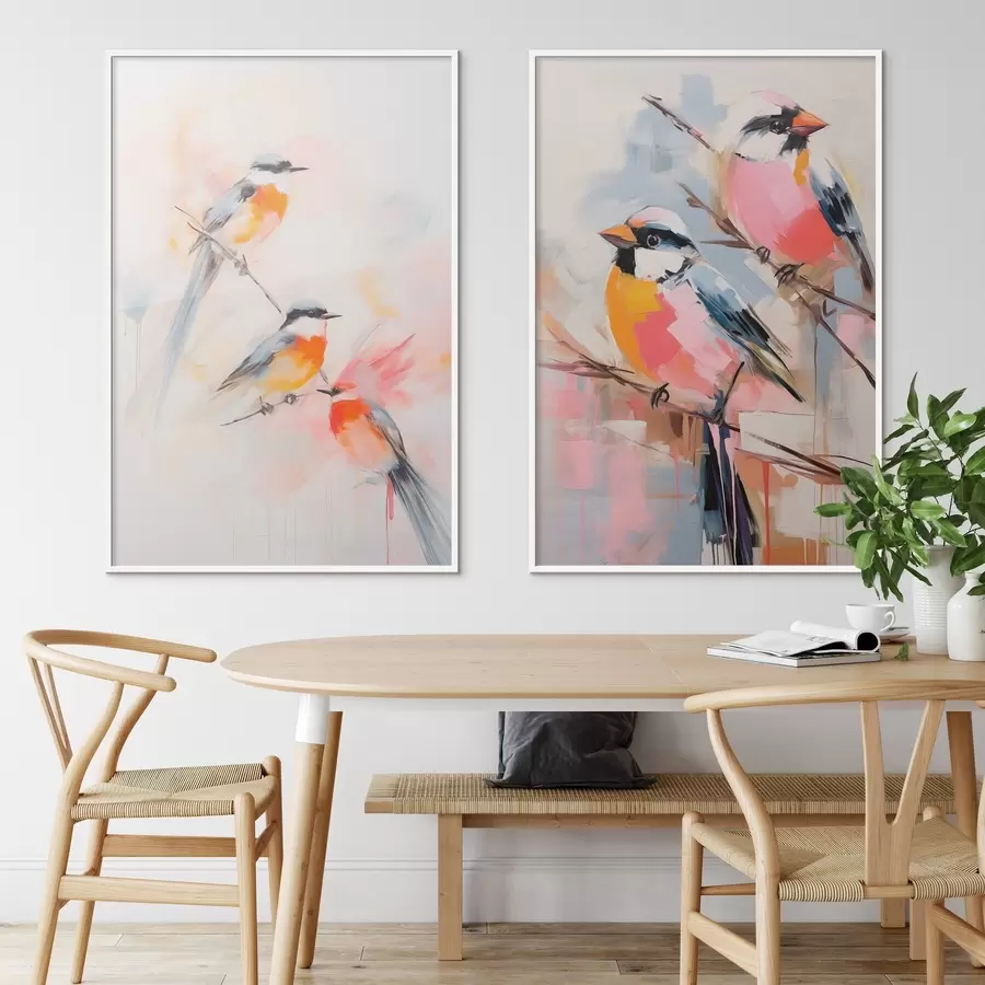 Fotobehang Vogels neergestreken op takken , zachte pastelkleuren, lichte achtergrond met roze en witte tinten d00658
