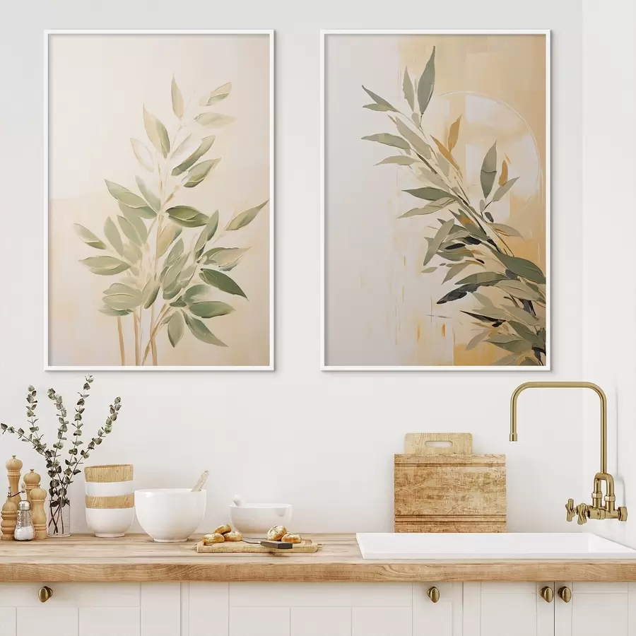 Fotobehang Botanische tak met groene bladeren op een warme achtergrond d00686