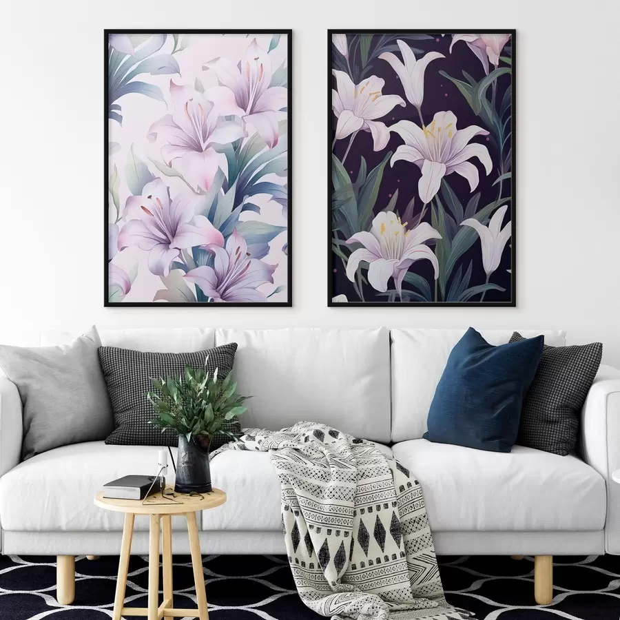 Fotobehang Delicate roze lelies met groene bladeren op lichte en donkere achtergrond d00689