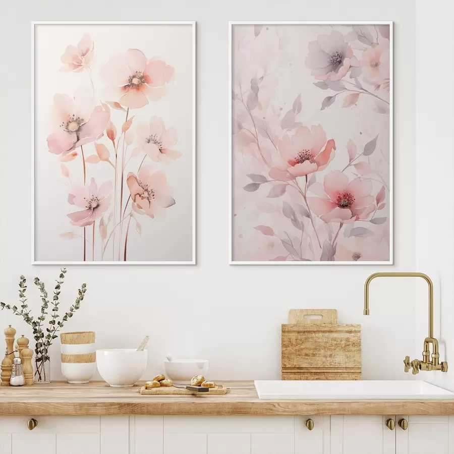 Fotobehang Aquarelroze bloemen op dunne stelen d00690