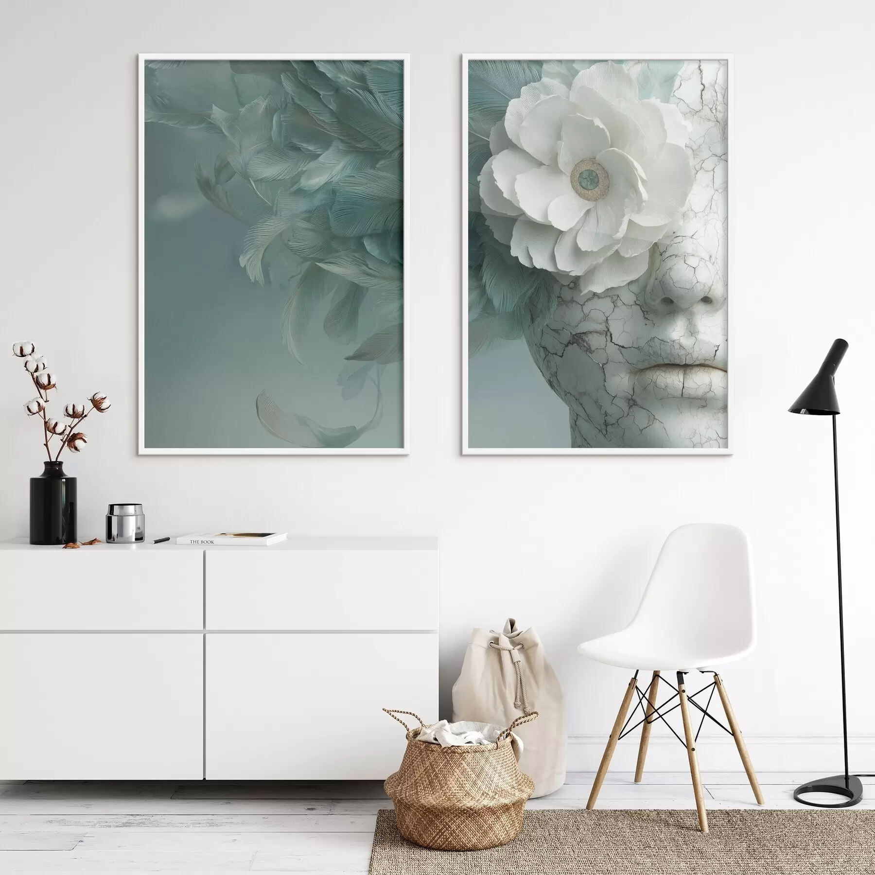 Fotobehang marmeren gezicht van een meisje met een bloem en veren d00699