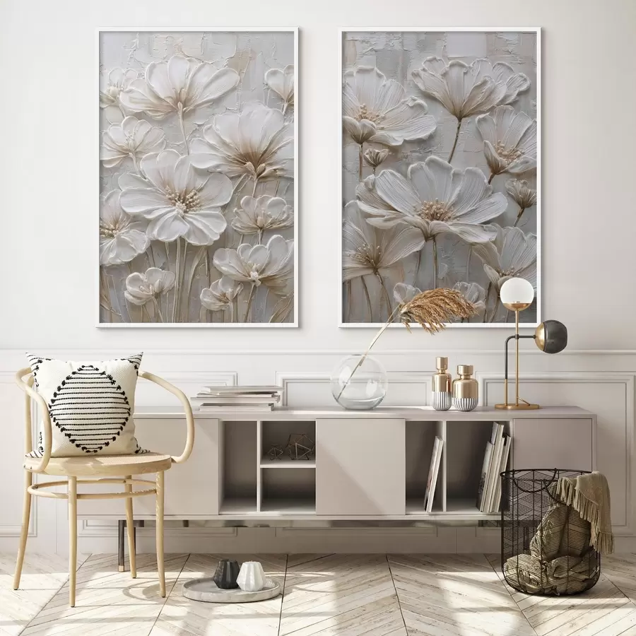Fotobehang crèmekleurige bloemen in imitatie-impastostijl d00701