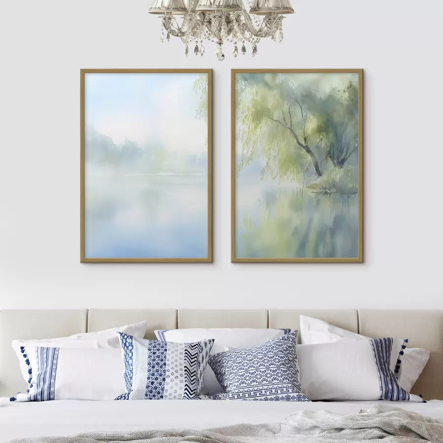 Fotobehang wilgenboom aan de oever van het meer in aquarelstijl d00702