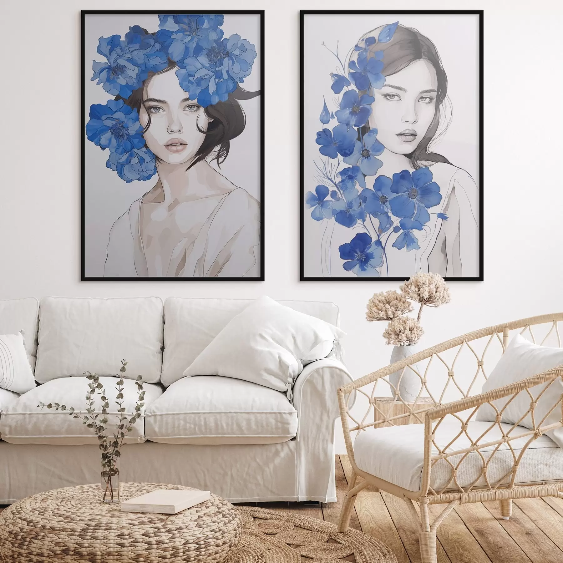 Fotobehang Portret van een meisje met blauwe bloemen d00721