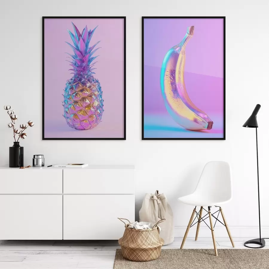 Fotobehang heldere glanzende ananas en banaan in popartstijl d00737