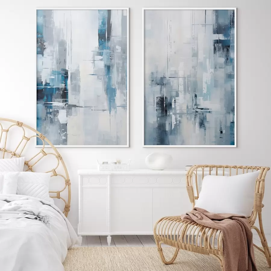 Fotobehang Abstracte schilderijimitatie met blauwe, grijze en witte kleuren, verticale lijnen en geometrische vormen d00819