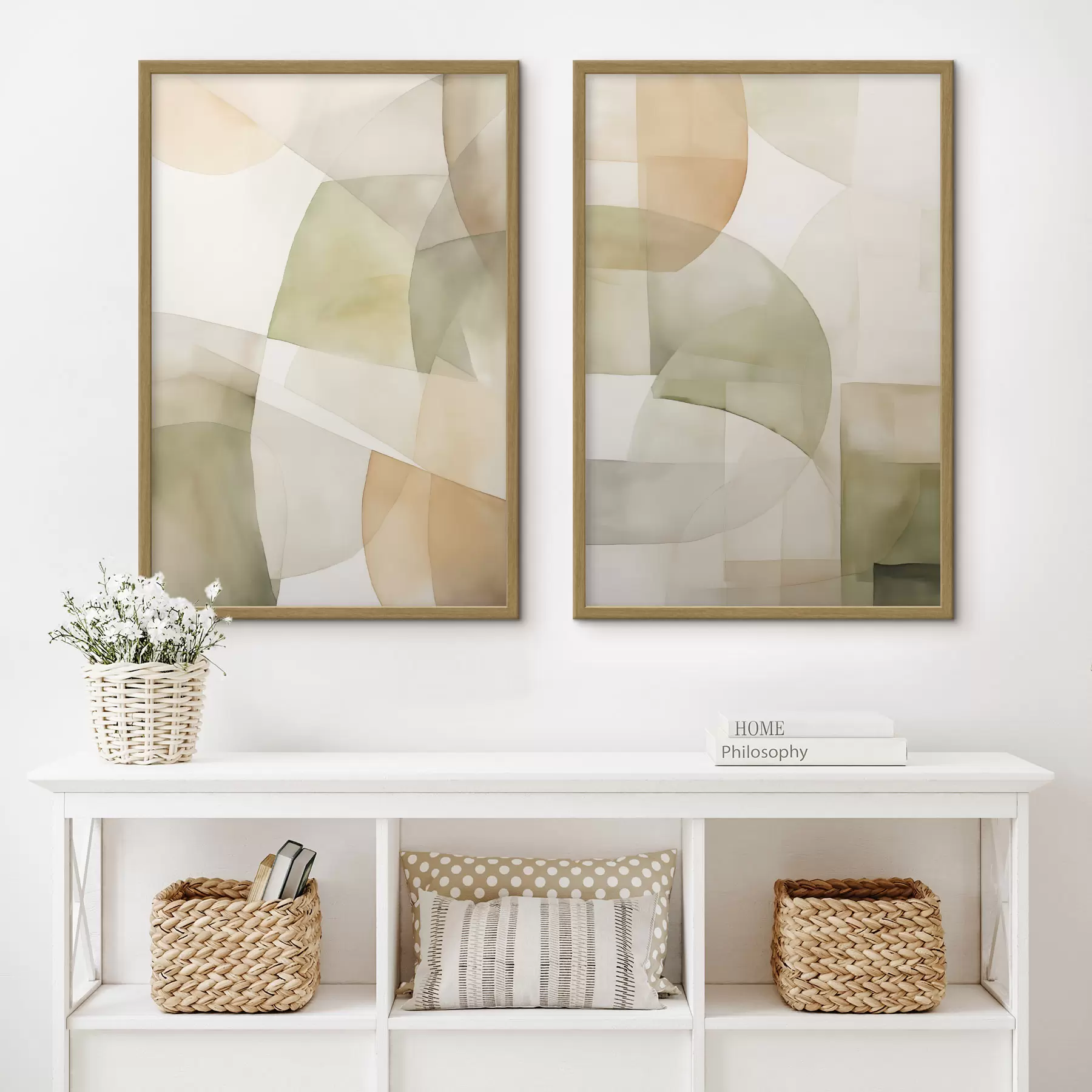 Fotobehang Abstracte geometrische vormen met waterverftextuur in tinten groen, bruin en beige d00820