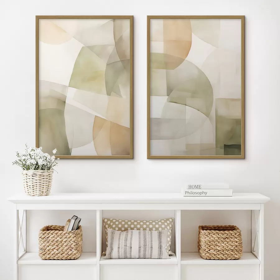 Fotobehang Abstracte geometrische vormen met waterverftextuur in tinten groen, bruin en beige d00820