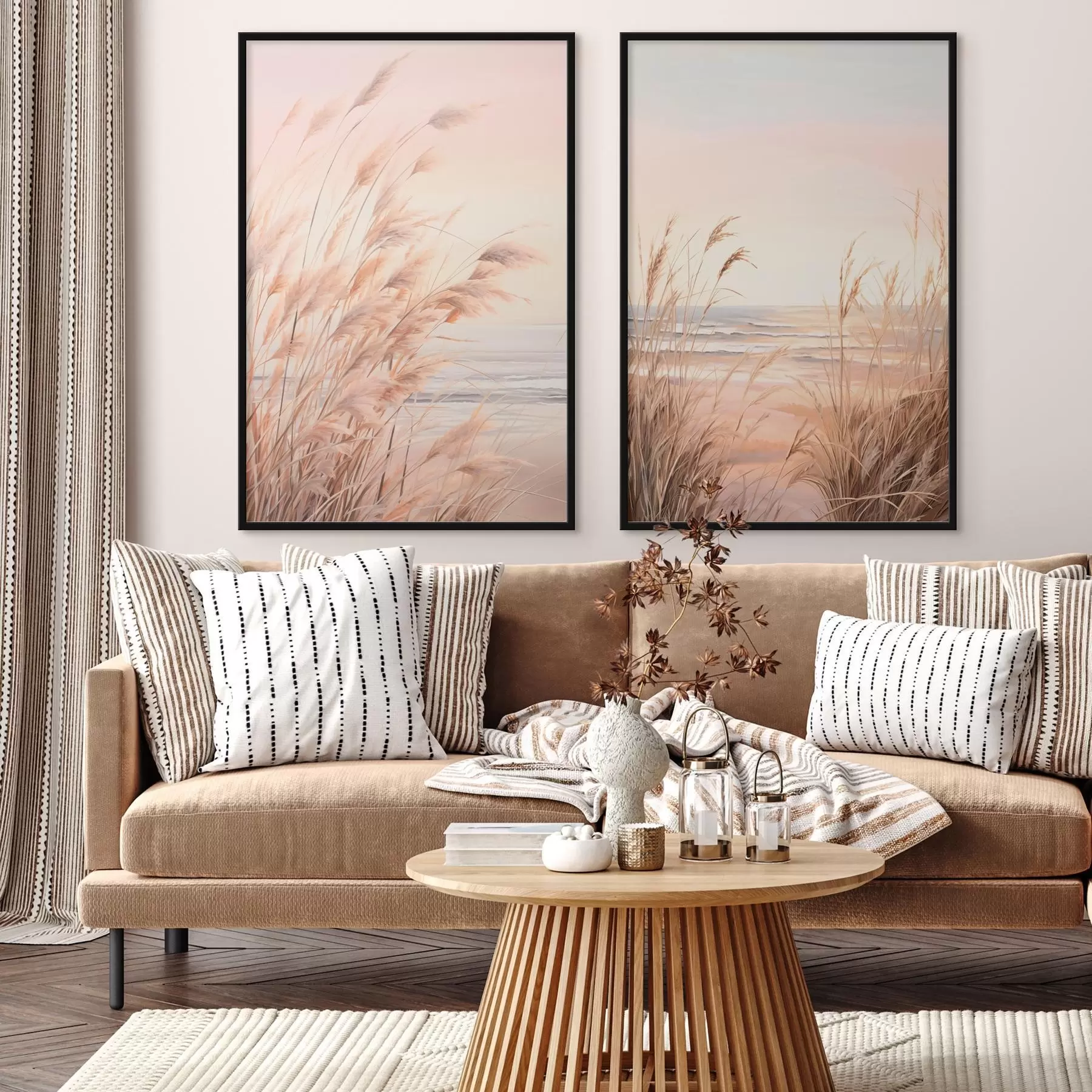 Fotobehang Pampagras met pasteloranje kleurenpalet, lichtroze lucht, een rustig landschap d00823