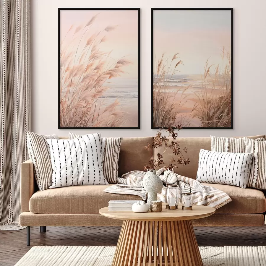 Fotobehang Pampagras met pasteloranje kleurenpalet, lichtroze lucht, een rustig landschap d00823