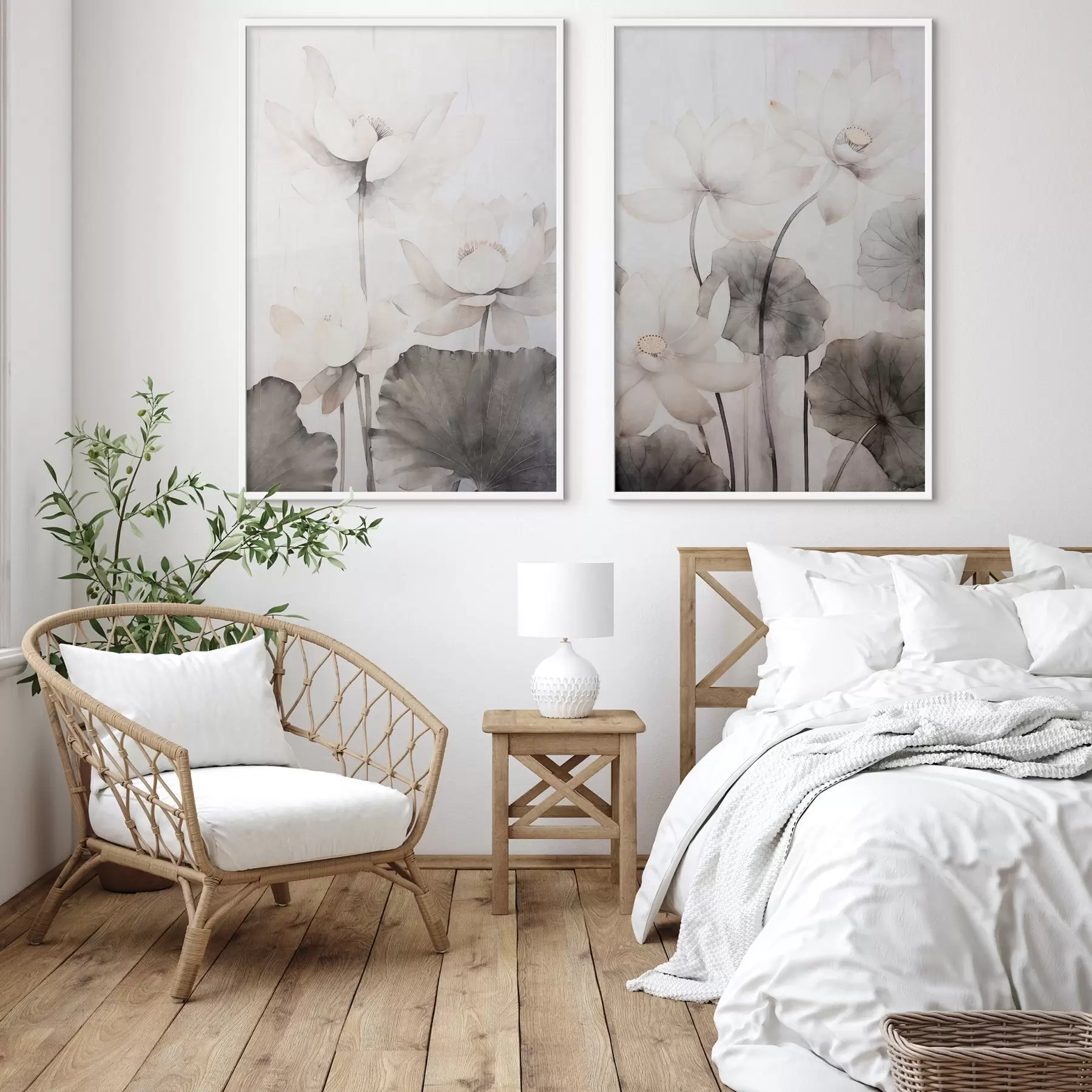 Fotobehang Witte lotusbloemen met textuur en donkere bladeren, lichte achtergrond, minimalistisch ontwerp d00824