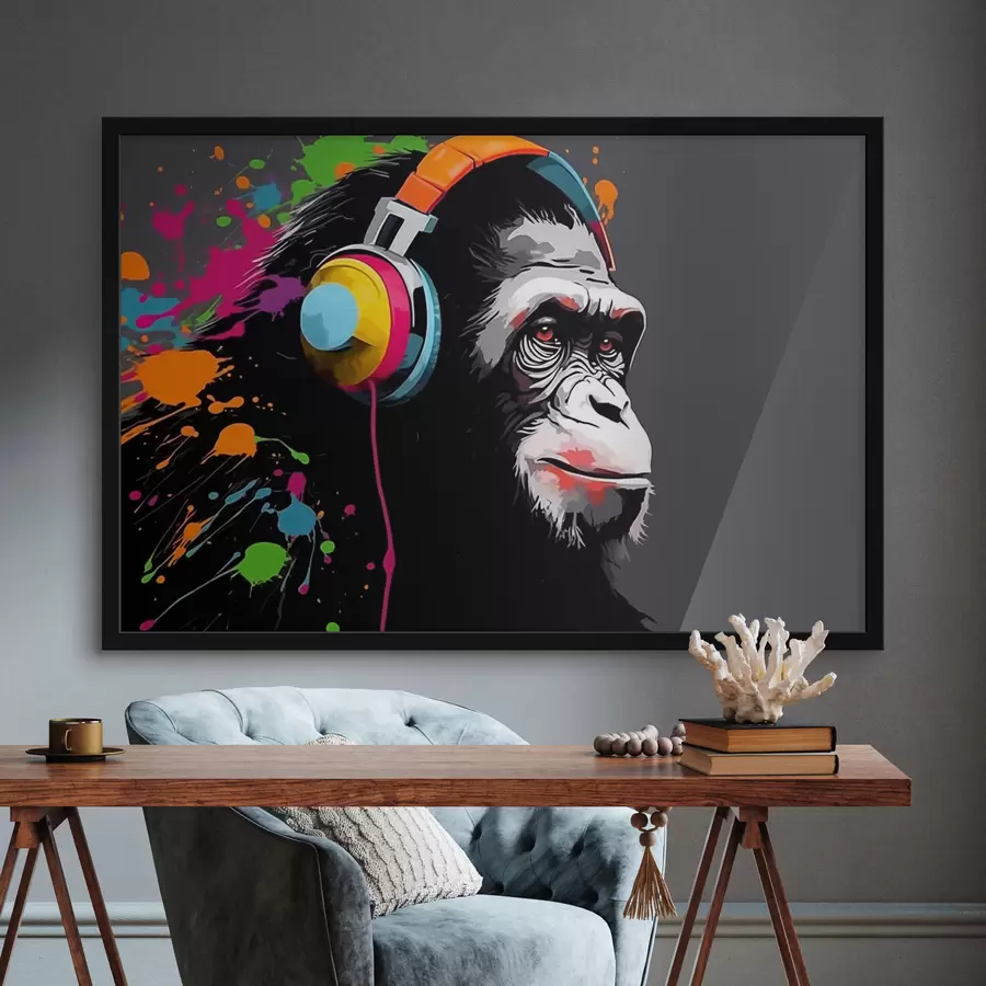 Fotobehang Aap met koptelefoon f47385