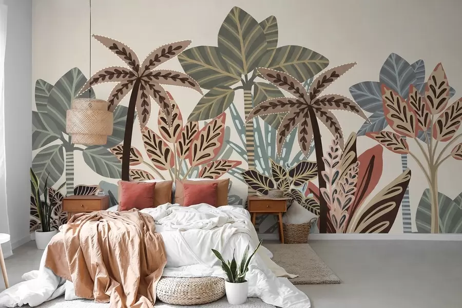 Fotobehang Getextureerde tropische planten en palmbomen met gedempte kleuren in decoratieve boho-stijl tegen een crèmekleurige achtergrond w09639