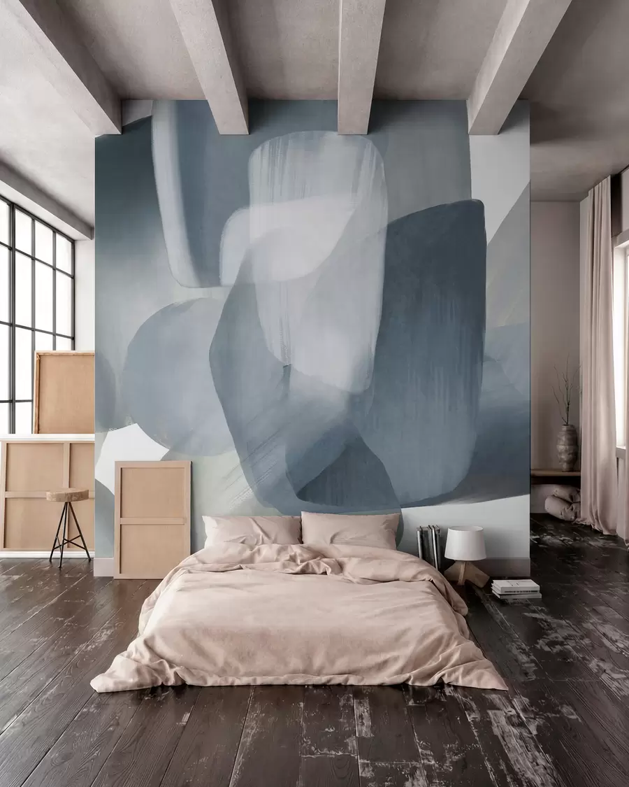 Fotobehang Abstracte vormen met textuur in gedempte blauwe en grijze kleuren, met zachte randen en overlappende lagen. w09642v1