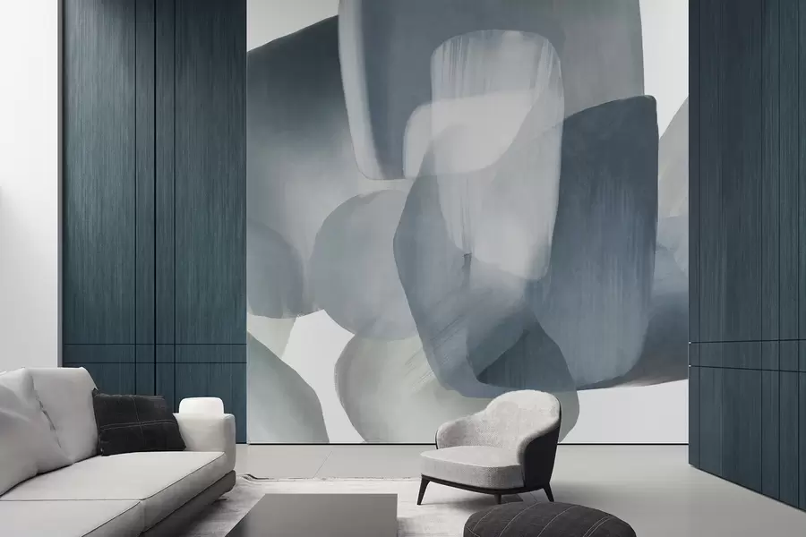 Fotobehang Abstracte vormen met textuur in gedempte blauwe en grijze kleuren, met zachte randen en overlappende lagen. w09642v1