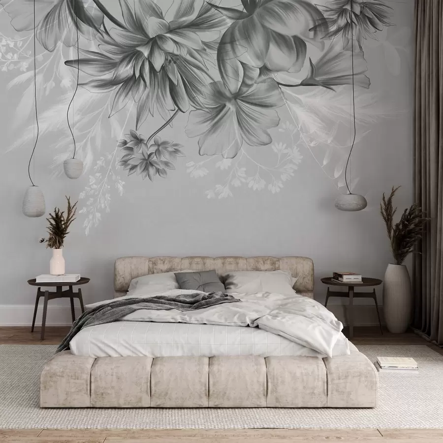 Fotobehang Getextureerde bloemen en varens in donkergrijze en witte tinten tegen een gedempte grijze achtergrond, getekend in een tekenstijl. w09644v1