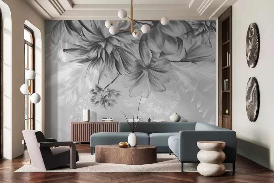 Fotobehang Getextureerde bloemen en varens in donkergrijze en witte tinten tegen een gedempte grijze achtergrond, getekend in een tekenstijl. w09644v1