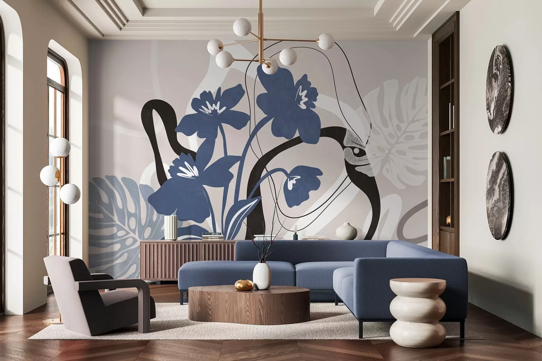 Fotobehang Abstracte blauwe bloemen met textuur en witte en zwarte vormen tegen een lichtbeige achtergrond, minimalistische kunst w09645