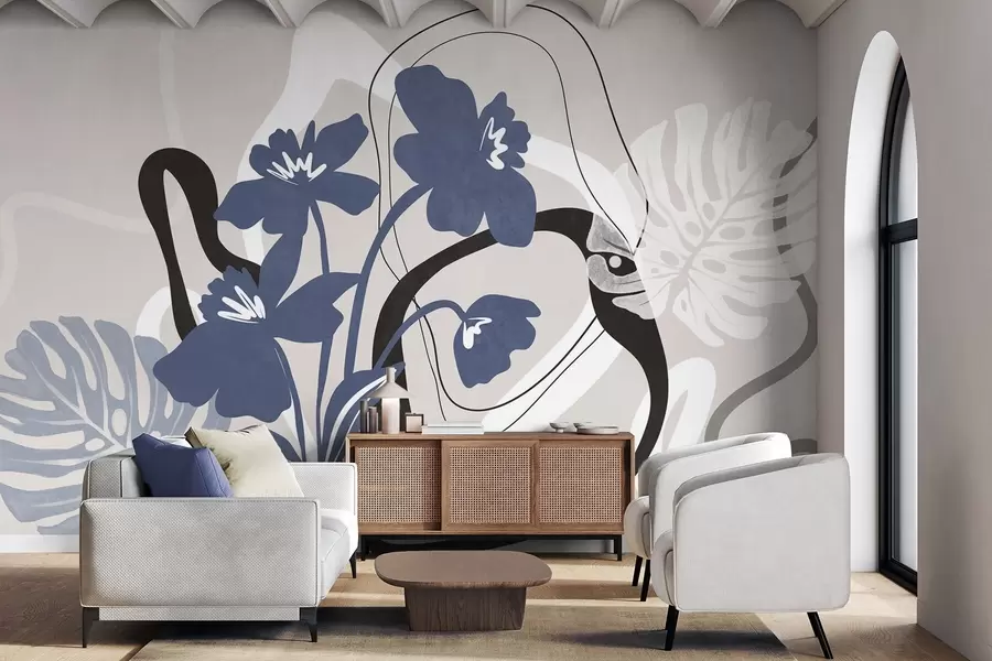 Fotobehang Abstracte blauwe bloemen met textuur en witte en zwarte vormen tegen een lichtbeige achtergrond, minimalistische kunst w09645