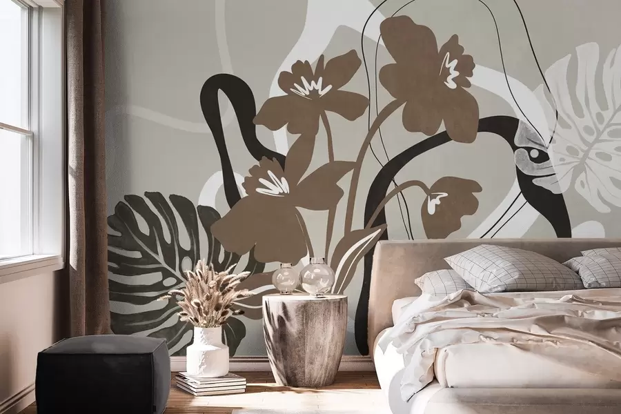 Fotobehang Abstracte bruine bloemen met textuur en witte en zwarte vormen tegen een beige achtergrond, minimalistische kunst w09645v1