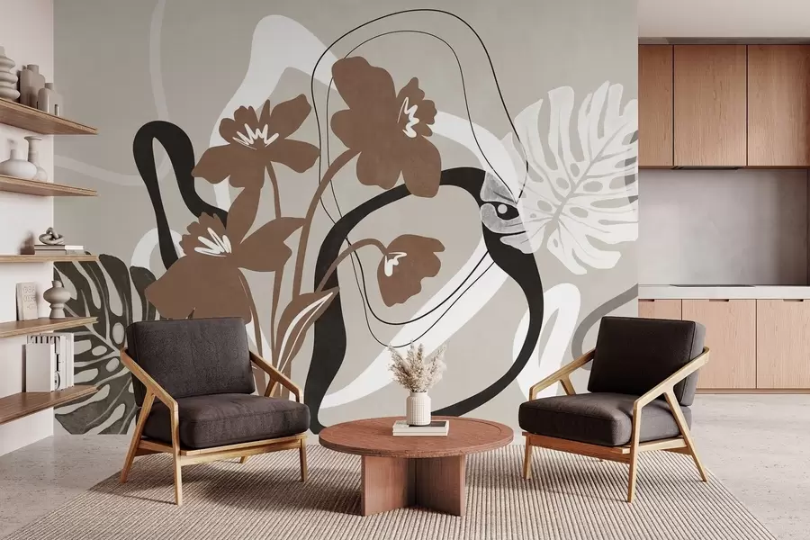 Fotobehang Abstracte bruine bloemen met textuur en witte en zwarte vormen tegen een beige achtergrond, minimalistische kunst w09645v1