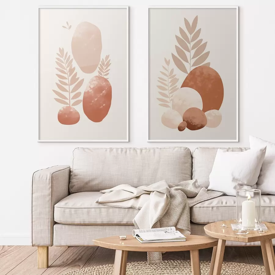 Fotobehang Abstracte vormen, gestructureerde stenen en bladeren in gedempte perzik- en terracottatinten, minimalistisch, crèmekleurige achtergrond d01114