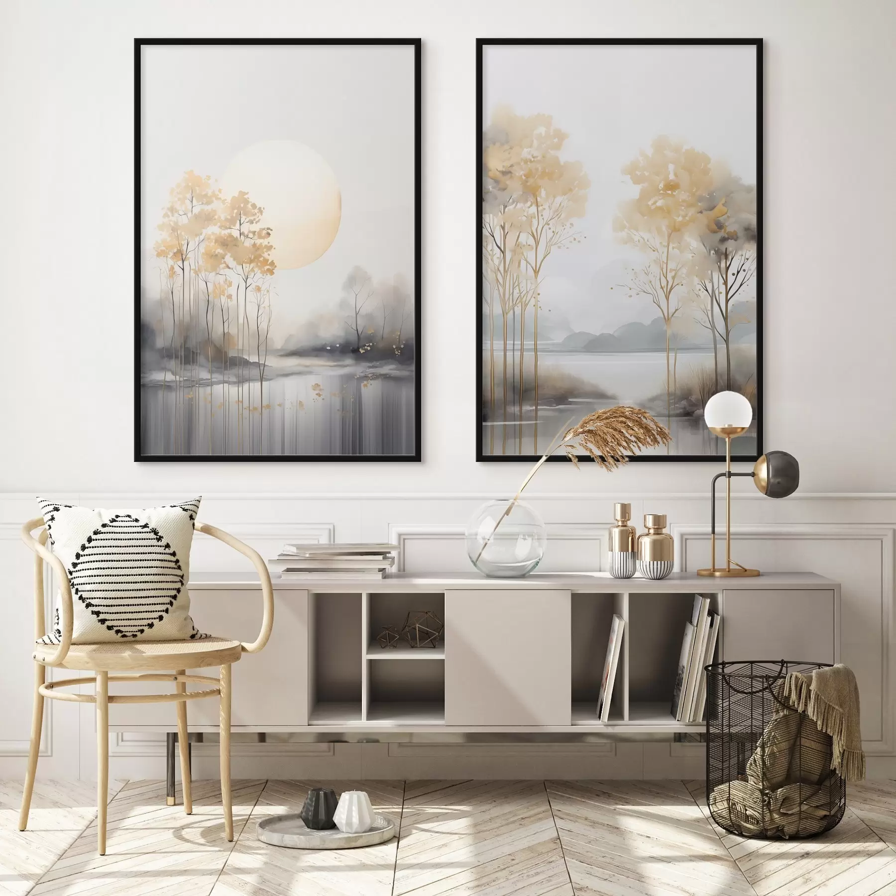 Fotobehang Decoratief abstract landschap, hoge bomen met gele bladeren, een rivier en mist op de achtergrond d01115