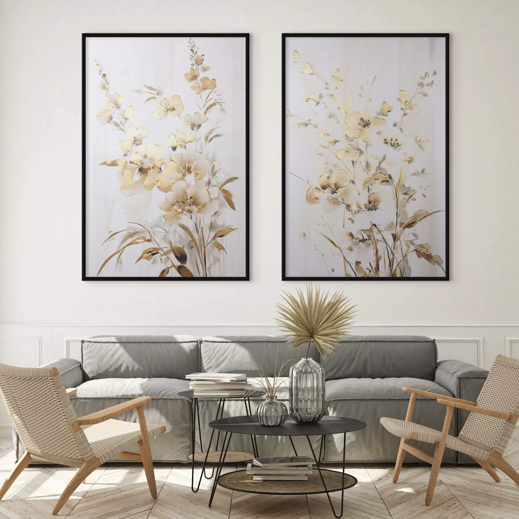 Fotobehang Getextureerde gele bloemen en bladeren tegen een witte achtergrond, met delicate penseelstreken d01116
